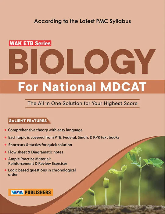 Book cover of 'Biology for National MDCAT' by WAK ETB Series with a plant image on a beige background.