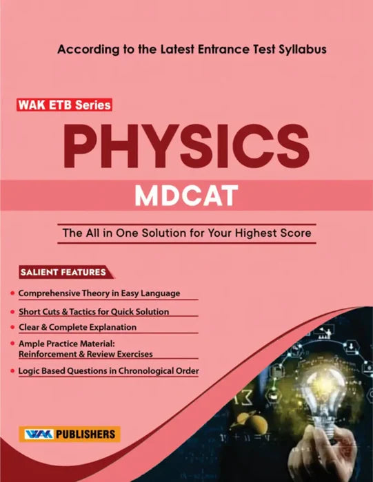 Physics book for MDCAT exams by WAK ETB Series on a pink background