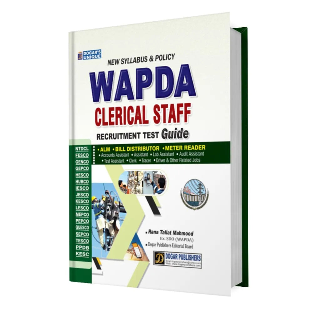 Book titled 'WAPDA Clerical Staff Recruitment Test Guide' on a white background